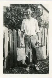 Antique Snapshot Photo Smiling Man Holding Metal Buckets Container Work Can 15 - Picture 1 of 1