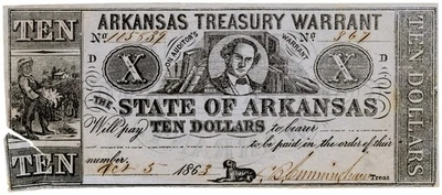 1863 $10 Arkansas Treasury Warrant Note SN #105839 - Image 1 of 2