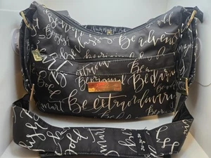 JUJUBE diaper bag black And White Writing Gold Accents Discontinued Rare Print - Picture 1 of 11