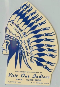 Lookout Mountain Indian Museum ~Route 68 - COLORADO~ Travel Luggage Label, 1950 - Picture 1 of 2