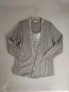 Quacker Factory Womens Top XL Gray Sequin Layered Long Sleeve Scoop Neck Knit - Picture 1 of 9