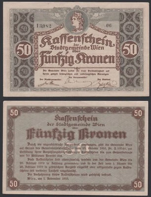 Austria Vienna 50 kronen 1918 Kassenschein Wien Three Signatures Block 06 aXF - Image 1 of 4