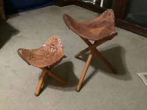 PAIR of Handmade Hand Tooled Sewn Leather Tripod Stool Folding Saddle Seat Chair - Picture 1 of 11
