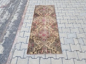 Tappeto turco vintage 2x5 piedi - fatto a mano marrone rosa lana tappeto turco pelo basso - Foto 1 di 9