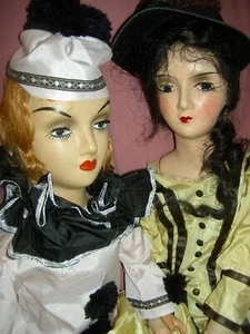PAIR antique composition head finely dressed BOUDOIR bed dolls w/INSET eyelashes - Picture 1 of 23