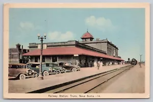1930s Truro, N.S. Canada CNR Railway Station Depot, Train, People, Cars Postcard - Picture 1 of 5