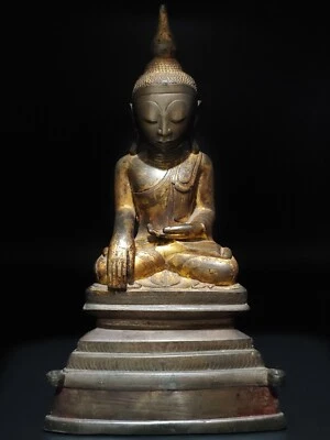 Antique Burmese Bronze Sculpture Gilted Carved Scripture Art Shan Buddha Statue - Image 1 of 4