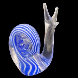 Art Glass Snail Sculpture Figurine Clear Glass Blue White Swirls Paperweight - Picture 1 of 10
