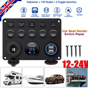 5 Gang Campervan RV 12V LED Light Switch Control Panel Voltmeter USB Charger - Picture 1 of 5