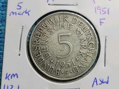 🇩🇪 West Germany 5 mark 1951 "F" 0.625 KM-112  Silver Coin 041525-9 - Image 1 of 2