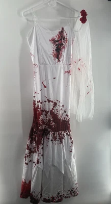 Fantasia feminina de noiva zumbi, vestido rabo de peixe sangrento véu grande (12-14) com mancha - Imagem 1 de 4