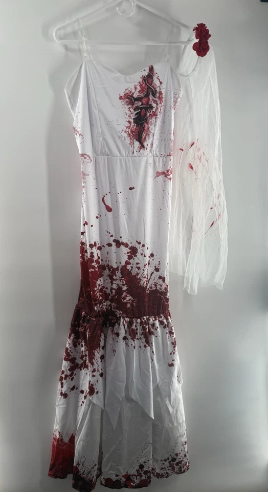 Mujer Zombie Novia Disfraz, Vestido Cola de Pez Sangriento Velo Grande (12-14) con Mancha Foto 1 de 4