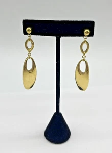 14k Gold Oval Dangle Pierced Earrings Modernist Vintage Italy Signed 2.5'' - Picture 1 of 12