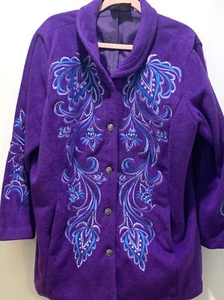 Bob Mackie Wearable Art 1X Floral Embroidered Fleece Button Up Pockets Jacket - Picture 1 of 17