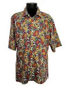 Cutter & Buck Men Size L Blue Red Tropical Floral Button Up Shirt Short Sleeve - Picture 1 of 5