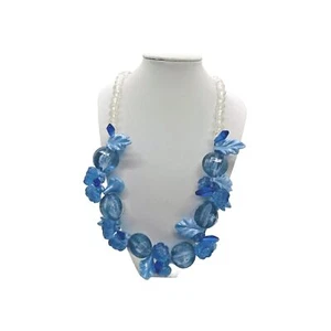 Vintage klobige Perlenkette blau 3D Blumen Blatt Statement Girlande - Bild 1 von 10