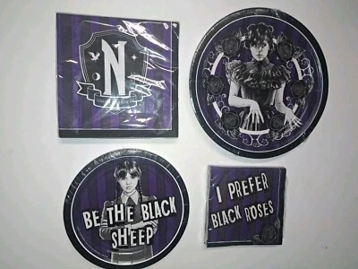 Wednesday Addams Family Netflix Birthday Party Pack 16 Plates & 32 Napkins NEW - Image 1 of 4