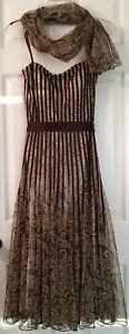 JS Collections Brown Fit N Flare Party Dress Size 8 Paisley Lace Sheer Satin - Picture 1 of 11