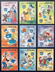 JUEGO DE 9 SELLOS DE CUMPLEAÑOS TOGO DISNEY DONALD DUCK MNH 1984 50 ANIVERSARIO GOOFY - Imagen 1 de 1