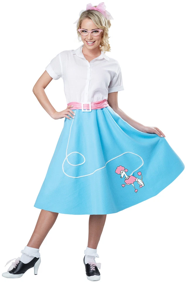 Brand New 50s Blue Poodle Skirt Grease Pink Ladies Adult Costume - Image 1 of 1