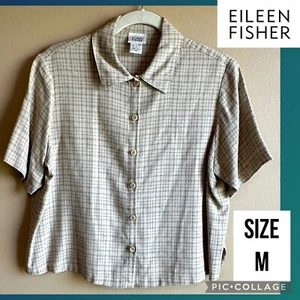 Eileen Fisher Womens Shirt Button Down Plaid Boxy Short Sleeve Cream Rayon M - Picture 1 of 19