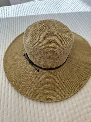 Nine West With Brown Leather Strap Straw Sun Hat Floppy Large Brim One Size - Image 1 of 4