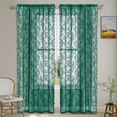 Floral Lace Window Net Curtains Rod Slot Through Top Transparent Drapes UK+ - Image 1 of 4