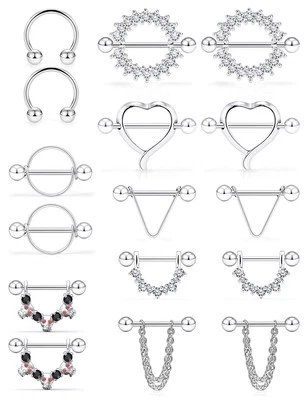 Anillos para pezones 14G acero inoxidable circonita cúbica corazón lengua escudo barra R... Foto 1 de 3