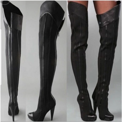 Botas hasta el muslo Report Signature Steinway de cuero negro con aguja para mujer talla 7 Foto 1 de 4