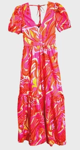 NWT 1. STATE Psychedelic Puff Sleeve V Neck Cut Out Back Maxi Paisley Dress XS - Picture 1 of 9