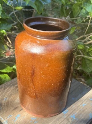 Tarro de barro de almacenamiento de 10" de gres rojo primitivo antiguo del siglo XIX Foto 1 de 4