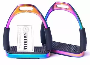 AMIDALE RAINBOW FLEXI SAFETY STIRRUPS HORSE RIDING BENDY IRONS BNWT - Picture 1 of 3