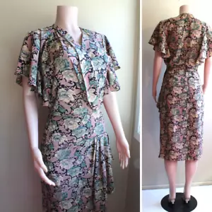 Cassidy S Dress 70s does 40s Black Pastel Floral Rayon Flutter Sleeve Side Zip - Picture 1 of 11