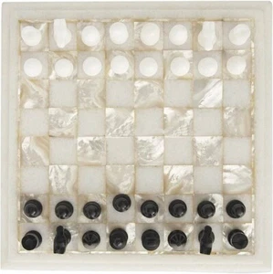 White Marble Chess Set MOP Inlay Semiprecious Stone with Chess Pieces Art Decor - Picture 1 of 9