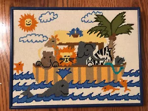 Framed Needlepoint Noah’s Ark/Animals In Boat- 16” X 12” - Picture 1 of 2