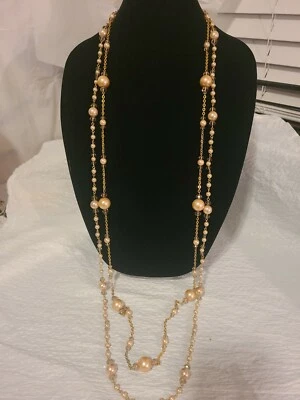 Collar Largo Premier Designs Doble Hilo Vidrio Cuentas Imitación Perla Tono Dorado  Foto 1 de 2