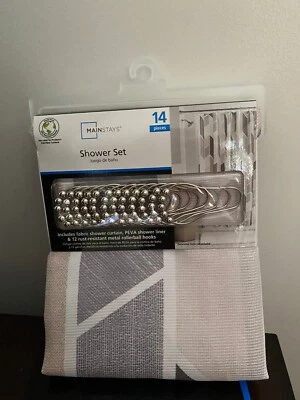 BRAND NEW MAINSTAYS NATURAL GEOMETRIC 14 PIECE FABRIC SHOWER CURTAIN SET