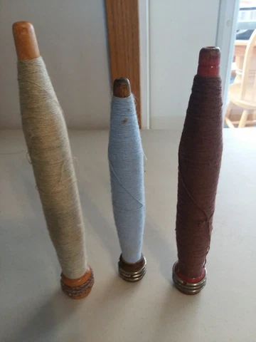 Vintage Lot of 3 Wood Thread Spools Industrial Textile Bobbin Spindles Cover