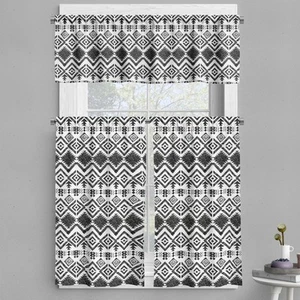Tribal Valance & Tier Curtain 3 pcs Set, Black and White Hand-Drawn Tribal Sk... - Picture 1 of 7