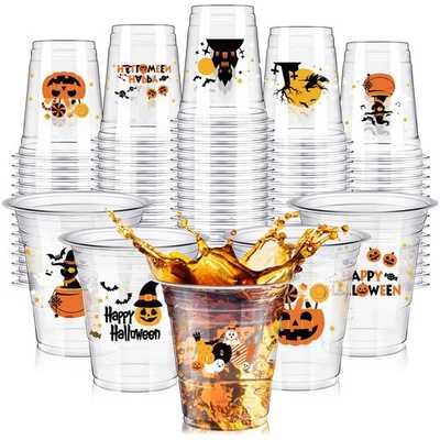 Paquete de 100 tazas de plástico desechables de Halloween de 12 oz para fiestas arañas murciélagos calabazas Foto 1 de 4