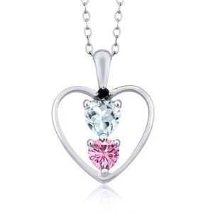 925 Sterling Silver Aquamarine Pink Moissanite and Black Diamond Pendant - Picture 1 of 3