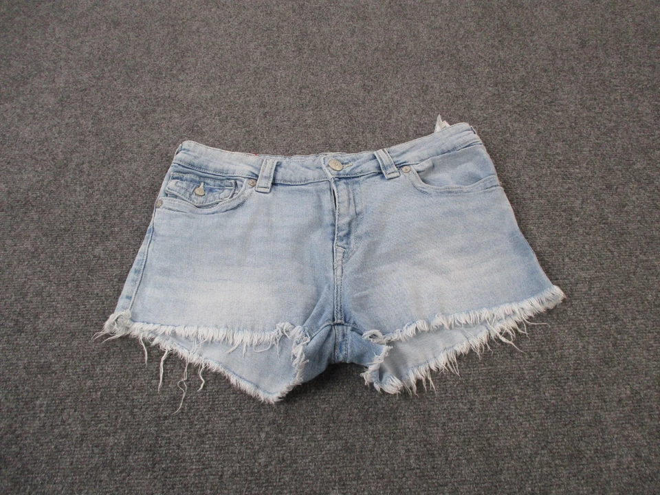 True Religion Shorts Womens 33 Blue Denim Jeans Joey Low Rise Distressed Cut Off - Image 1 of 4