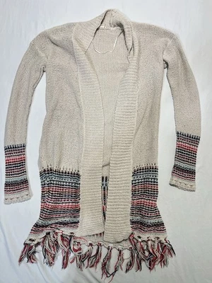 Roxy Women’s Open Knit Fringe Cardigan Sweater L Beige Multicolor Boho Longline - Image 1 of 4