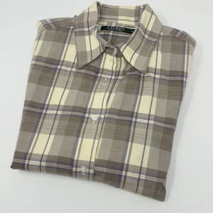 Lauren Ralph Lauren Womens Tan/Purple Plaid Cotton Button Down Shirt Sz M - Picture 1 of 5