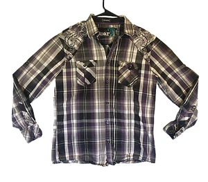 Roar Mens Collared Long Sleeve Purple Plaid Button Shirt Western Embroidery Sz L - Picture 1 of 9