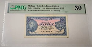 1940 Malaya/British Administration KG VI 10 Cents SN# L117893 PMG 30 Banknote - Picture 1 of 4