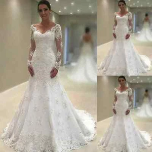 Elegant Mermaid Wedding Dresses V-Neck Long Sleeved Lace Appliques Bridal Gowns - Picture 1 of 3