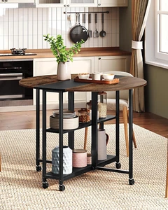 Folding Dining Table with 6 Wheels round Space Saving 2-Layer Storage Rustic Bro - Picture 1 of 12