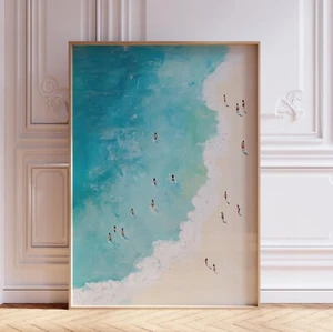 Tiny People Swimming in Ocean Beachy Wall Art Print - Picture 1 of 6