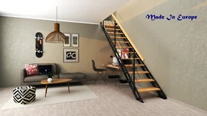 Indoor Straight Staircase Kit Double-Side Metal Stringers Beech Step Handrail - Picture 1 of 10